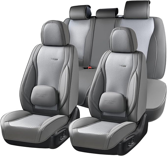Coverado Car Seat Covers Full Set, Gray Seat Covers for Cars, Waterproof Nappa Leather Automotive Seat Covers with Lumbar Head Pillow, Car Seat Protectors, Universal Fit for Most Cars SUV