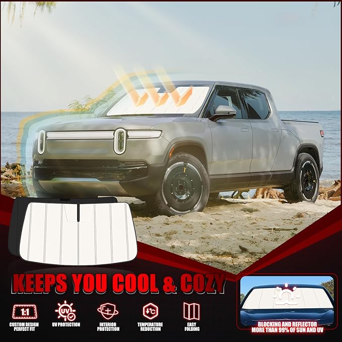 Windshield Sun Shade for Rivian R1S/R1T 2022-2026, Front Window Visor Accessories, Folding Design Blocks Heat & UV Rays Maintain Cool Interior and Save Space