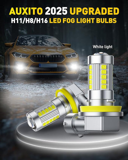 AUXITO Upgraded H11/H8 LED Fog Light Bulbs, 6500K Cool White, 1:1 Mini Size H11/H8/H16 LED Fog Light Bulbs, 360° Full Illumination(Pack of 2)