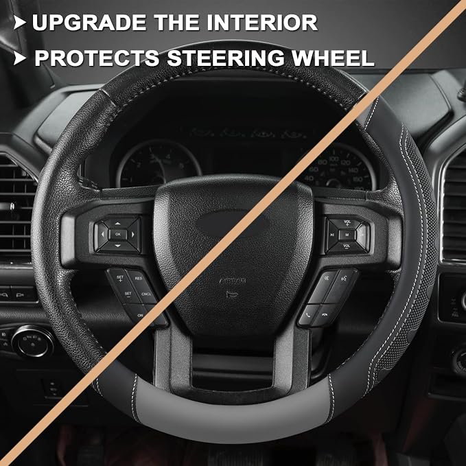 GIANT PANDA Car Steering Wheel Cover for Ford - F150 F250 F350 Expedition, (15.5-16 inches - Black+Gray)