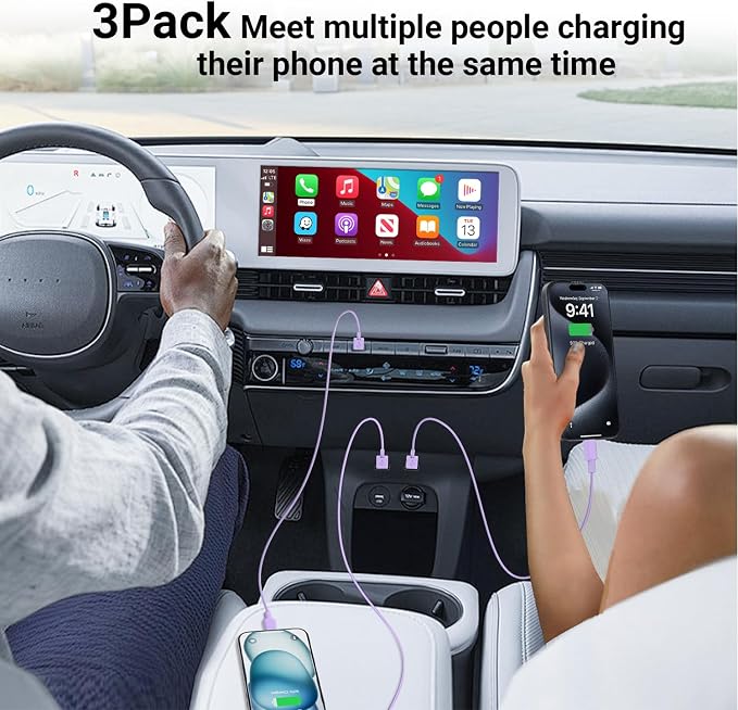 3Pack Car Carplay Cable for iPhone 16 15 Pro Max 15 Plus Car Charger, USB to USB C Cable 3FT for Car Charger Adapter, Carplay USB C Cord Accessories Charging for iPad 10th Gen/iPad Pro Air 5th-Purple