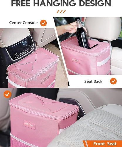 HOTOR Car Trash Can with Lid and Storage Pockets - 100% Leak-Proof Organizer, Waterproof Garbage Can, Multipurpose Trash Bin for Car, 2 Gallons, Pink