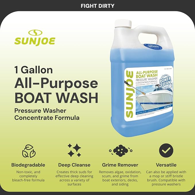 Sun Joe All-Purpose Boat Wash Cleaner for Pressure Washer, Concentrate Formula, Citrus Scent, 1 Gallon - Marine Cleaning Solution for Metal, Wood, Fiberglass, and Exterior Surfaces, SPX-APBW1G