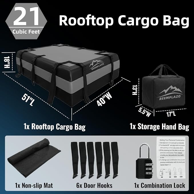 21 Cubic Feet Rooftop Cargo Carrier Bag, Waterproof Heavy Duty Car Roof Bag for SUV Pickup Truck with/Without Roof Racks, Travel Camping Roof Top Luggage Storage with Anti-Slip Mat (Black Gray)
