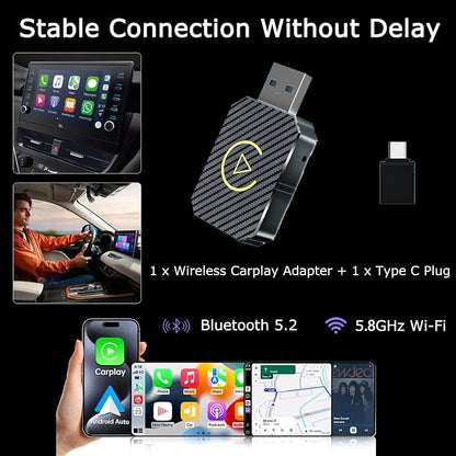 Wireless CarPlay Adapter 2026 Upgraded,CarPlay & Android Auto 2-in-1, Mini USB Design for Cars with Wired CarPlay,Fast Auto-Connect,Plug & Play,for iOS 10+, Android 11+ Version(Carbon Fiber Color)