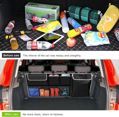 Car Trunk Hanging Organizer, Foldable Backseat Hanging Storage Bag with 6 Large Pockets 2 Hooks, Waterproof Collapsible Cargo Organizer Auto Interior Accessories for SUV Truck MPV
