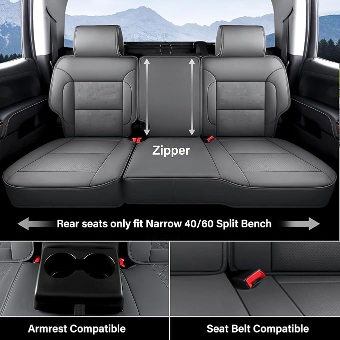 Coverado Chevy Silverado Seat Covers Full Set, Faux Leather Car Seat Covers Fit for 2014-2018 1500, 2015-2019 2500HD 3500HD Chevy Silverado GMC Sierra Crew Double Extended Cab (Gray)