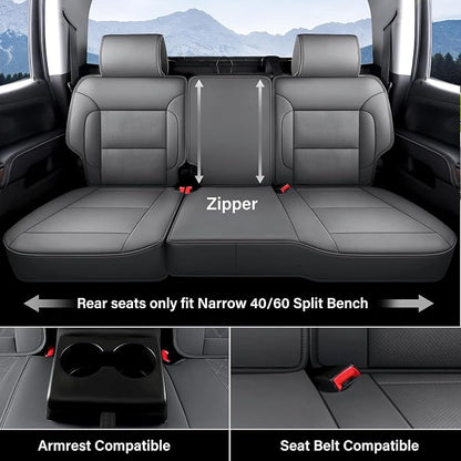 Coverado Chevy Silverado Seat Covers Full Set, Faux Leather Car Seat Covers Fit for 2014-2018 1500, 2015-2019 2500HD 3500HD Chevy Silverado GMC Sierra Crew Double Extended Cab (Gray)
