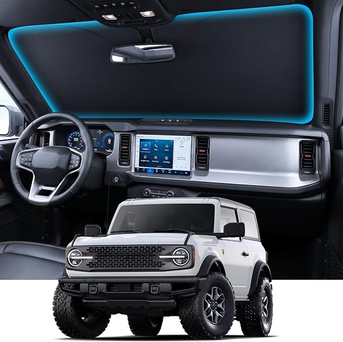 for Ford Bronco Windshield Sunshade [OEM Design, 100% Sun Blockage] Foldable Heat Insulation Sun Shade with Storage Bag, for Ford Bronco (2021-2026), Silver Coating