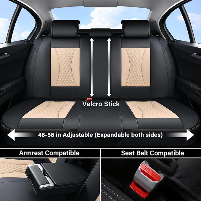 Coverado Waterproof Nappa Leather Car Seat Covers, Automotive Fullset Seat Covers, 5 Seat Car Seat Cushion & Seat Protector, Black&Beige Front and Rear Covers Universal Fit for Most Cars, SUVs, Trucks