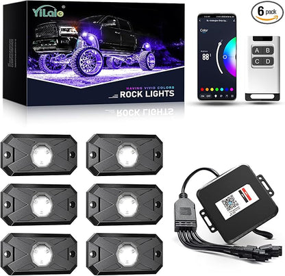 YiLaie RGB LED Rock Lights Kit, 6 Pods Underglow Multicolor Neon Light with App/RF Remote Control, Flashing Music Mode, Multicolor Wheel Well Light for Trucks ATV UTV RZR SUV Golf