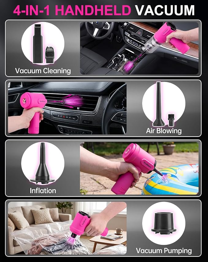 ThinkLearn 27pcs Car Cleaning Kit, 4-in-1 12000Pa Cordless Mini Handheld Vacuum Cleaner & Air Duster, Portable Pink Car Detailing Kit with Interior Accessories for Car, Home, Office, Gift for Women