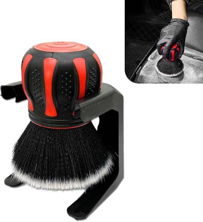 Car Detailing Brush, Multifunctional Soft Cleaning Brush for A/C Vents and Seat Gaps, Non-Slip Handle Ball-Shaped Multi-Function Cleaning Tool with Storage Rack, for Most Cars (Red)