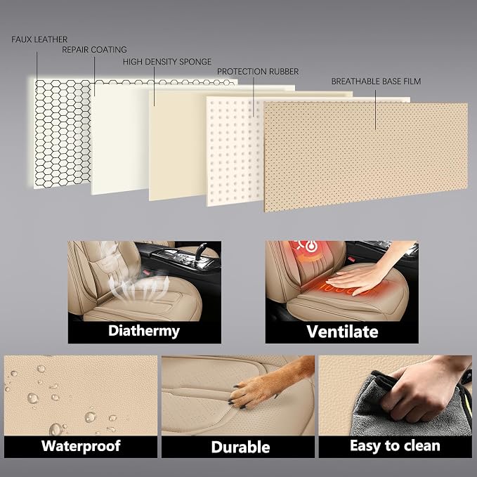 NS YOLO Full Coverage Leather Car Seat Covers for Cars,SUVs and Pick-up Trucks,Car Seat Protector,Automotive Seat Covers,Car Seat Cushion,Beige Seat Cover,Front Seat Cover for 2 Seats