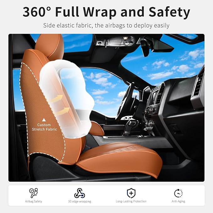 Huidasource Front Truck Seat Covers Fit for Ford F150 2015-2025&F250 F350 F450 2017-2025 All Cab XL XLT Lariat King Ranch Platinum, Waterproof Leather Automotive Car Seat Cover(Front Pair/Brown)