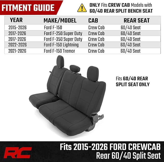 Rough Country Neoprene Rear Seat Covers for Ford F-150, Lightning, F-250 & F-350 (2015-2026) Crew Cab w/ Rear 60/40 Split