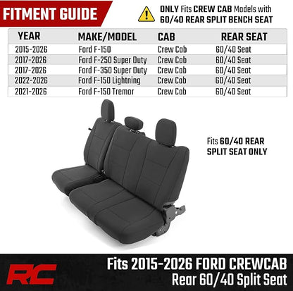 Rough Country Neoprene Rear Seat Covers for Ford F-150, Lightning, F-250 & F-350 (2015-2026) Crew Cab w/ Rear 60/40 Split