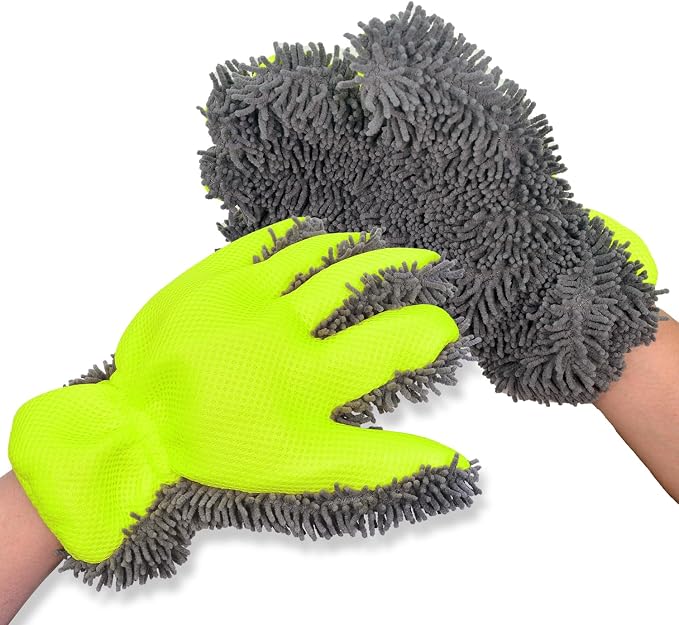Car Wash Mitt Microfiber Scratch Free,Premium Chenille Ultra-Soft Car Wash Gloves,Thickened Inside Coated Swirl-Free Finish 5-Finger Design Detailing for Cleaning Car Wash Brush,2-Pack Green