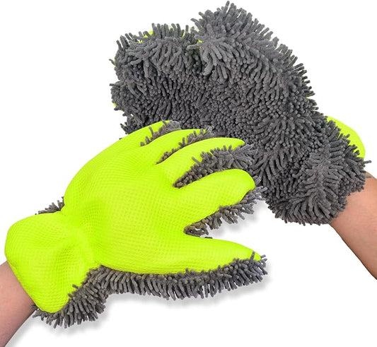 Car Wash Mitt Microfiber Scratch Free,Premium Chenille Ultra-Soft Car Wash Gloves,Thickened Inside Coated Swirl-Free Finish 5-Finger Design Detailing for Cleaning Car Wash Brush,2-Pack Green