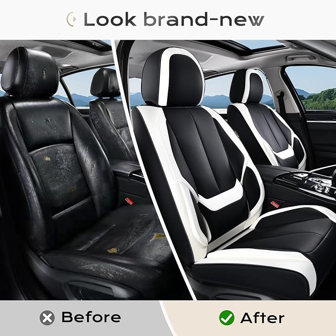Coverado Seat Covers, Car Seat Covers Front Seats, Leather Seat Covers for Cars, Car Seat Protector Waterproof, Black Car Seat Cushion, Front Carseat Cover Universal Fit for Most Cars White