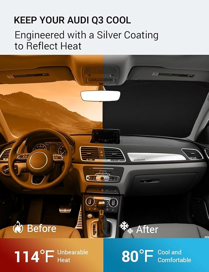 Proadsy 2026 Upgrade Windshield Sun Shade Custom Fit 2013-2018 Audi Q3 Foldable Front Sunshade Protector Sun Visor Blocks UV Rays Keep Car Cooler