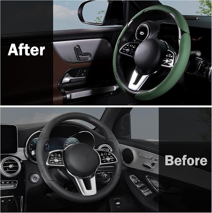 Car Steering Wheel Cover Leather Snap On 3Pcs Set Non-Slip Protector Wrap Steering Wheel Accessories 14.5-15 inch Universal Green