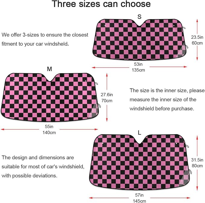 Checkerboard Pink Black Squares Windshield Sun Shade for Car Auto SUV Truck Foldable Front Window Sunshade Sun Visor Protector Block UV Rays Reflect Heat, 55" x 28"