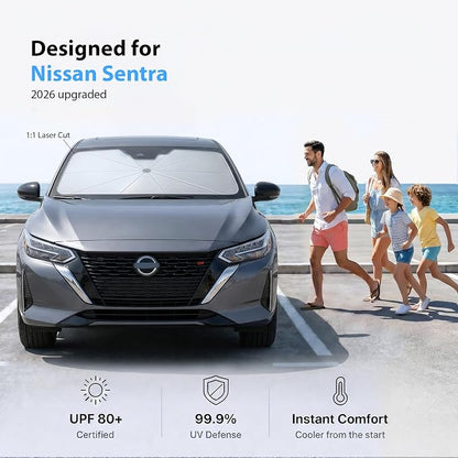 2026 Upgraded Windshield Sun Shade Umbrella for Nissan Sentra [Precision Custom Fit, Superior UV & Heat Block] Cooling Tech Fabric, Durable Foldable with Storage Bag, Fits 2000-2025