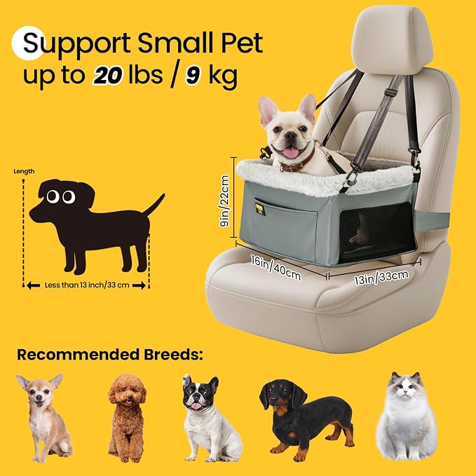 Conlun Dog Car Seat Booster for Small Pet Under 20lbs, Portable Travel Puppy Car Seat with Internal Steel Frame, Comfort Cushion & Storage Pockets, Adjustable Straps Fit Most Cars, Grey