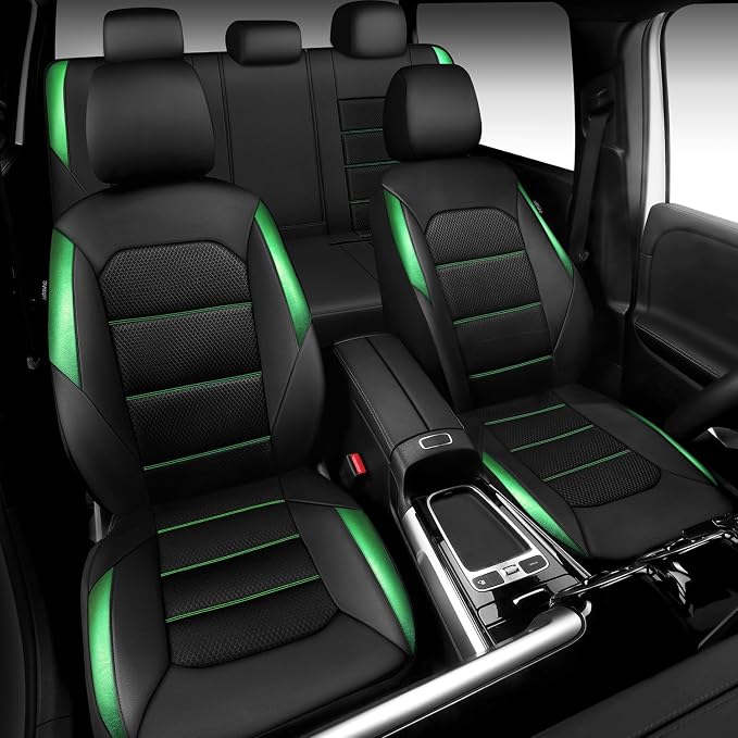 CAR PASS Memory 3D Foam Car Seat Covers Full Set, Breathable Mesh Thick Seat Covers for Car,Green Metal Film Leather Seat Covers, Universal Automotive Comfort for SUVs Trucks, Black Green