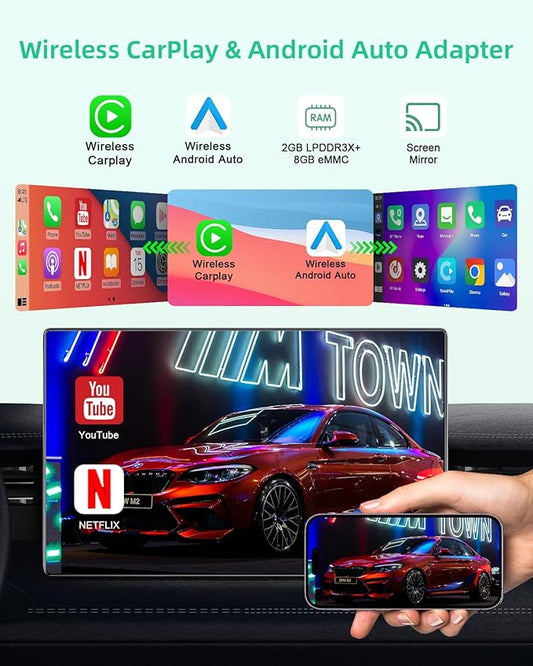 5-in-1 Wireless Android Auto & Carplay Adapter, Wireless CarPlay Adapter Support Netflix/YouTube/TF, USB-A/USB-C Cables, Convert Wired to Wireles Apple Dongle, Magic Video Box Car Play for iPhone