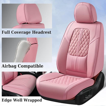 Coverado Car Seat Covers Full Set, Automotive Front and Rear Seat Covers with Backrest, Nappa Leather Car Seat Protectors Waterproof, Universal for Most Vehicles, Pink