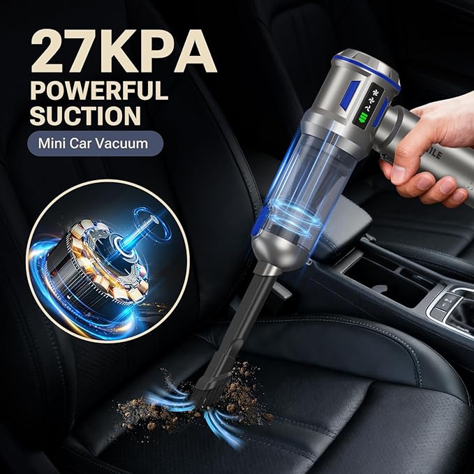 Yomile Mini Vacuum Cleaner, 2 in 1 27000PA Brushless Car Vacuum Air Duster 9000mAh Battery Air Blower Handheld Vacuum for Car,Office and Home