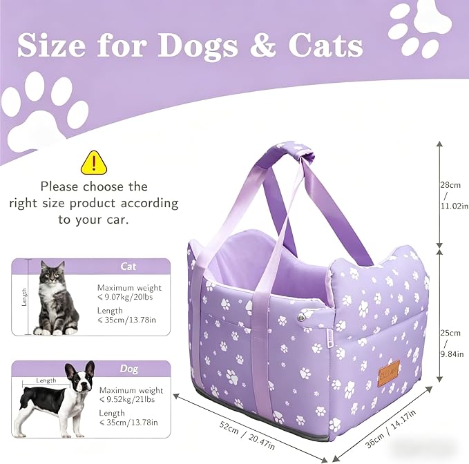 Center Console Dog Car Seat for Medium Dogs - Portable Dogs Armrest Booster Seat, Anti-Collapse Pet Car Seat with Soft Cushion Safety Belt, Support Pet Up to 21lbs (Purple)