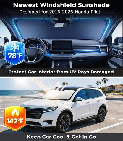 DMJN Front Windshield Sun Shade for Honda Pilot (2016-2026), [Nano Ice-Crystal Coatings] UPF50+ Heat & UV Block, Protect Car Interior & Keep Cool, Flodable Steel-Ring Car Cover for Summer