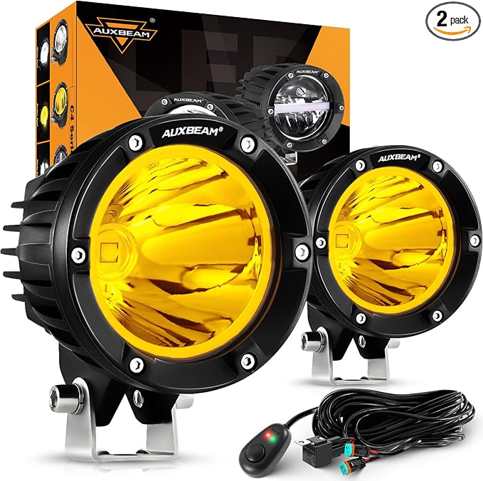 Auxbeam C4 Series Round LED Pods 4-Inch 72W Amber Fog Lights 2-Pack | Yellow auxiliary light bar, Pencil beam spot lights, A-pillar bumper driving spotlight, for ATV truck car Jeep motorcycle