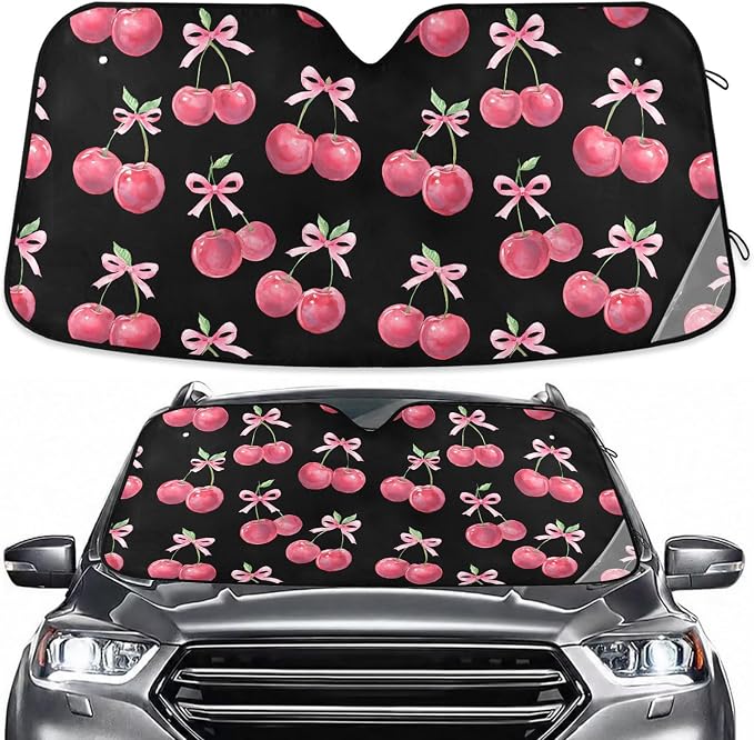 Watercolor Cherry Bow Windshield Sun Shade for Car Auto SUV Truck Foldable Front Window Sunshade Sun Visor Protector Block UV Rays Reflect Heat, 55" x 28"