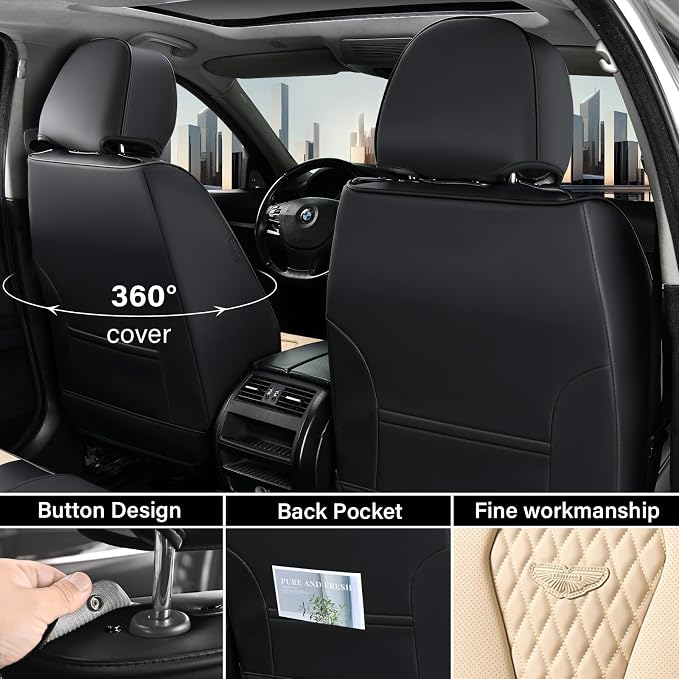 Coverado Car Seat Covers, Leather Seat Covers Full Set, Beige Seat Covers, Car Seat Cushion, Driver Car Seat Covers, Waterproof Car Seat Protector Fit for Most Cars