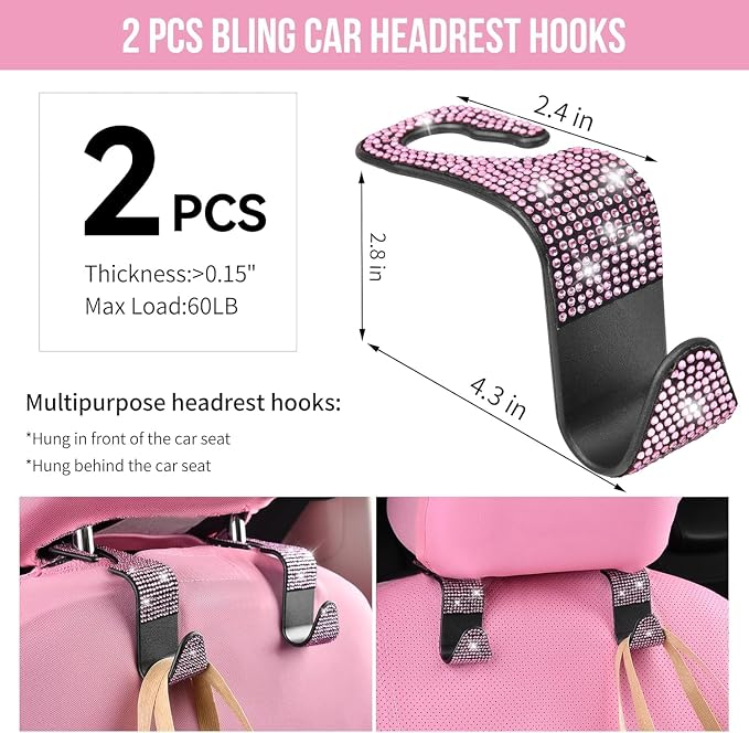 CAR PASS 11 PCS Bling Diamond Car Accessories Set for Women, Sparkly Rhinestone Steering Wheel Cover, Bling Seat Belt Cushion, Shift Knob Cover, Push Start Button Ring, Cup Holder Coaster, Black Pink