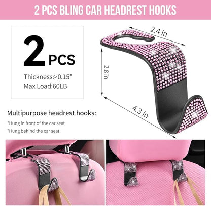 CAR PASS 11 PCS Bling Diamond Car Accessories Set for Women, Sparkly Rhinestone Steering Wheel Cover, Bling Seat Belt Cushion, Shift Knob Cover, Push Start Button Ring, Cup Holder Coaster, Black Pink