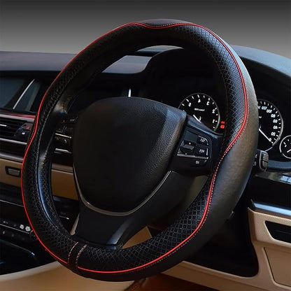 ESEWALAS Universal Car Steering Wheel Cover,Anti-Slip Leather Steering Wheel Cover,Sports Style Steering Wheel Protector,Car Interior Accessories Auto Steering Wheel Covers (Black with Red)