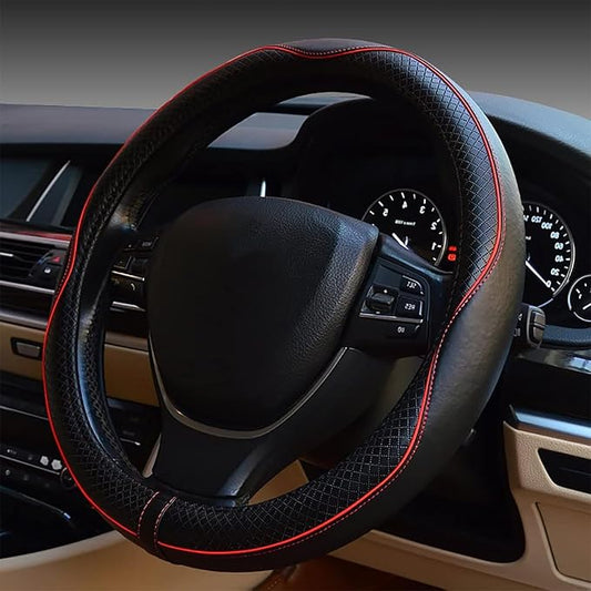 ESEWALAS Universal Car Steering Wheel Cover,Anti-Slip Leather Steering Wheel Cover,Sports Style Steering Wheel Protector,Car Interior Accessories Auto Steering Wheel Covers (Black with Red)
