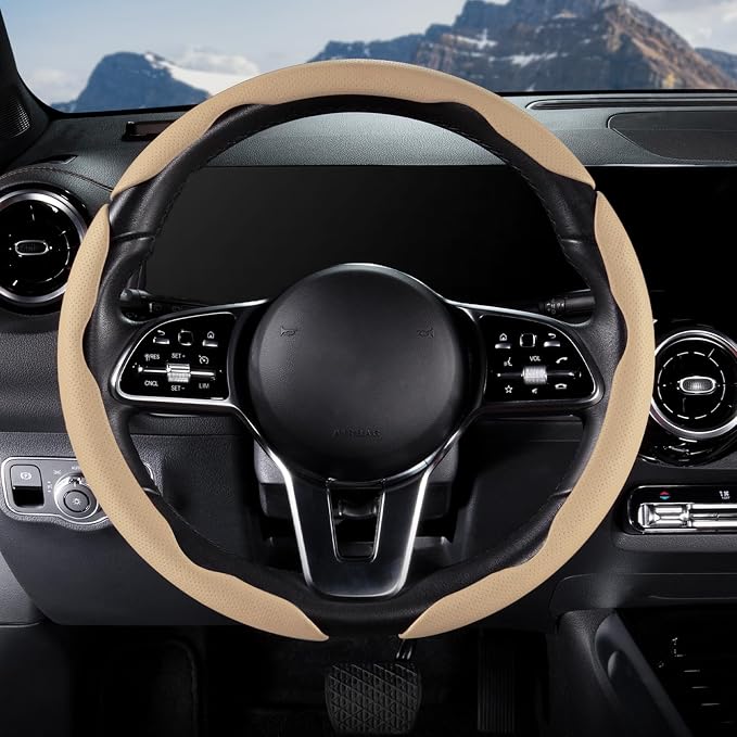 Car Steering Wheel Cover Leather Snap On 3Pcs Set Non-Slip Protector Wrap Steering Wheel Accessories 14.5-15 inch Universal Beige