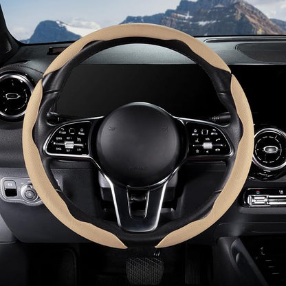 Car Steering Wheel Cover Leather Snap On 3Pcs Set Non-Slip Protector Wrap Steering Wheel Accessories 14.5-15 inch Universal Beige