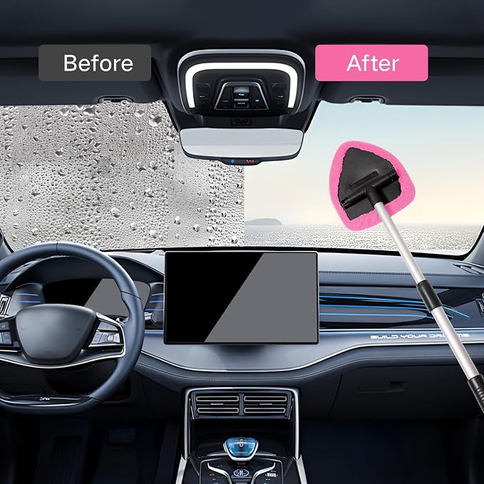 Qydipclin 10pcs Windshield Cleaning Tool Inside Car Window Cleaner Wash Kit with 4 Reusable Microfiber Pads 1 Spray Bottle and Extendable Handle Interior Auto Glass Wiper Kit, Pink