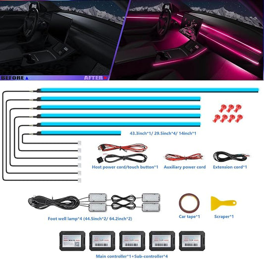 Acrylic Interior Car LED Strip Light with APP, RGB 10 in 1 with 175 inches 600 LEDs Fiber Optic Ambient Lighting Kits, 16 Million Colors Sound Active Function Car Neon LED Strip for Car