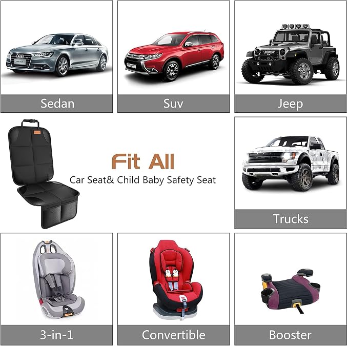 SMART ELF Car Seat Protector [1 Pack] Large Auto Protector for Child Seats with Thickest Padding and Non-Slip Backing Mesh Pockets for SUV, Sedan, Truck, Leather and Fabric - Black