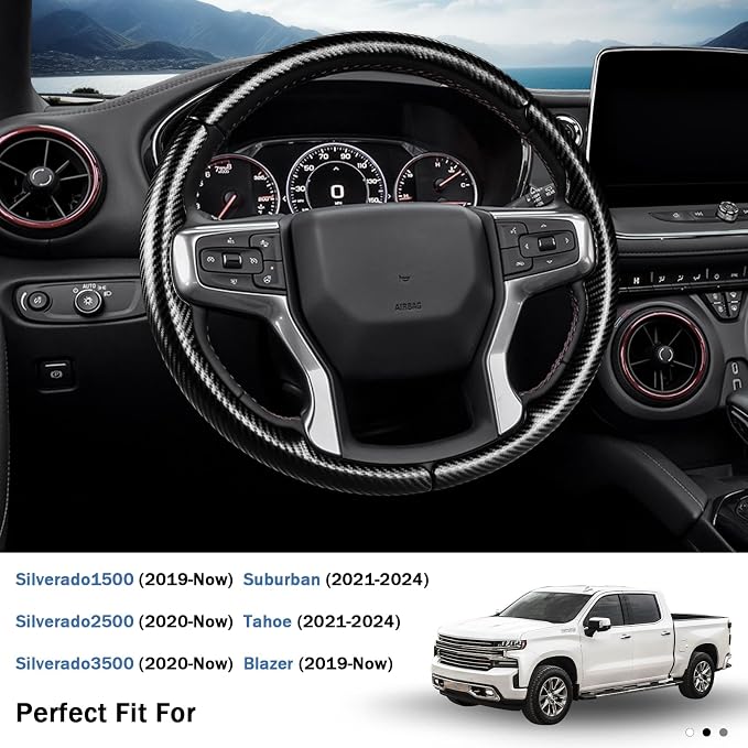 Steering Wheel Cover for Chevy Silverado 1500 2019-Present/ 2500 3500 2020-Present/Blazer 2019-Present (Gasoline Models)/ Suburban Tahoe 2021-2024, Car Steering Wheel Cover Accessories for Chevrolet