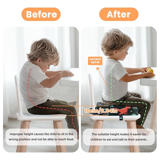 Toddler Booster Seat for Dining Table, 4" Kids Booster Seat for Kitchen Chair with Non-Slip Bottom, Portable Detachable Washable Increasing Cushion with 2 Adjustable Straps (Dinosaur)