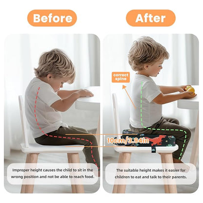 Toddler Booster Seat for Dining Table, 4" Kids Booster Seat for Kitchen Chair with Non-Slip Bottom, Portable Detachable Washable Increasing Cushion with 2 Adjustable Straps (Dinosaur)